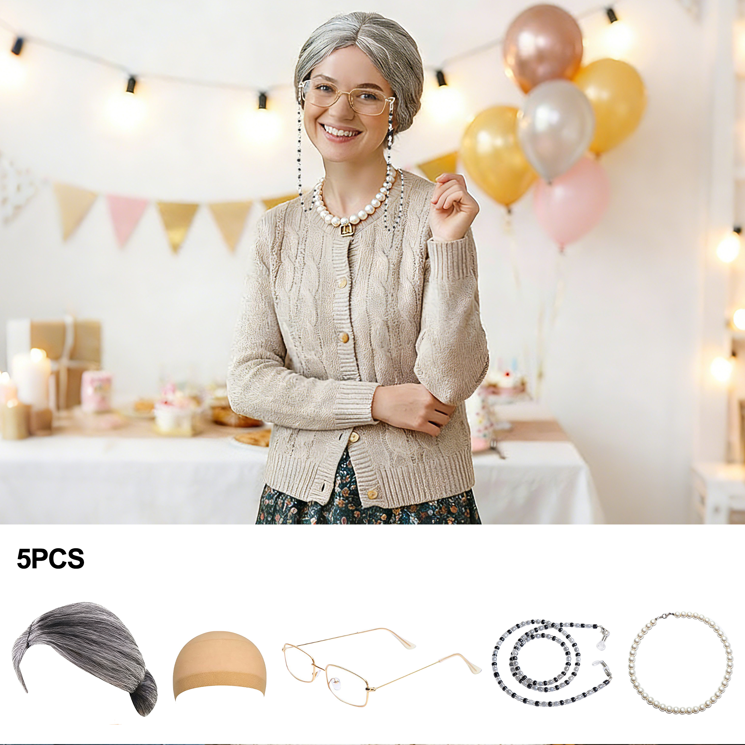 5Pcs Old Lady Costume Set Gran – Pearl Trim Chain recenzja i cena